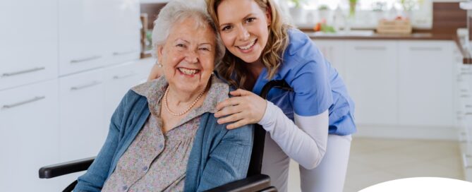 A caregiver enjoys her job as she smiles with a happy client representing the joy that can come from a home care career.