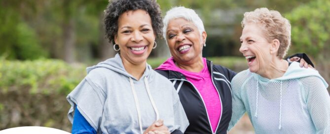 3 older women enjoy their time staying active together representing how a longer healthspan can help with staying active and engaged longer.